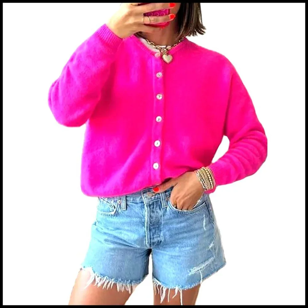 Soft Knit Cardigan Sweater Button Down Crewneck Lightweight Fall Winter